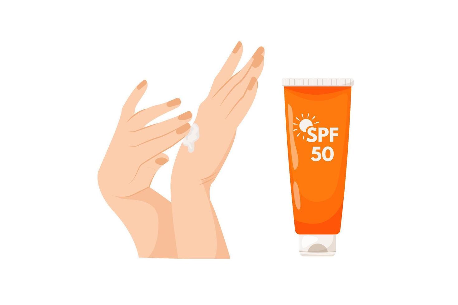 Women's hands apply cream. Sunscreen moisturizer, sunscreen, sunblock, skin protection and ultraviolet ray blocking. vector