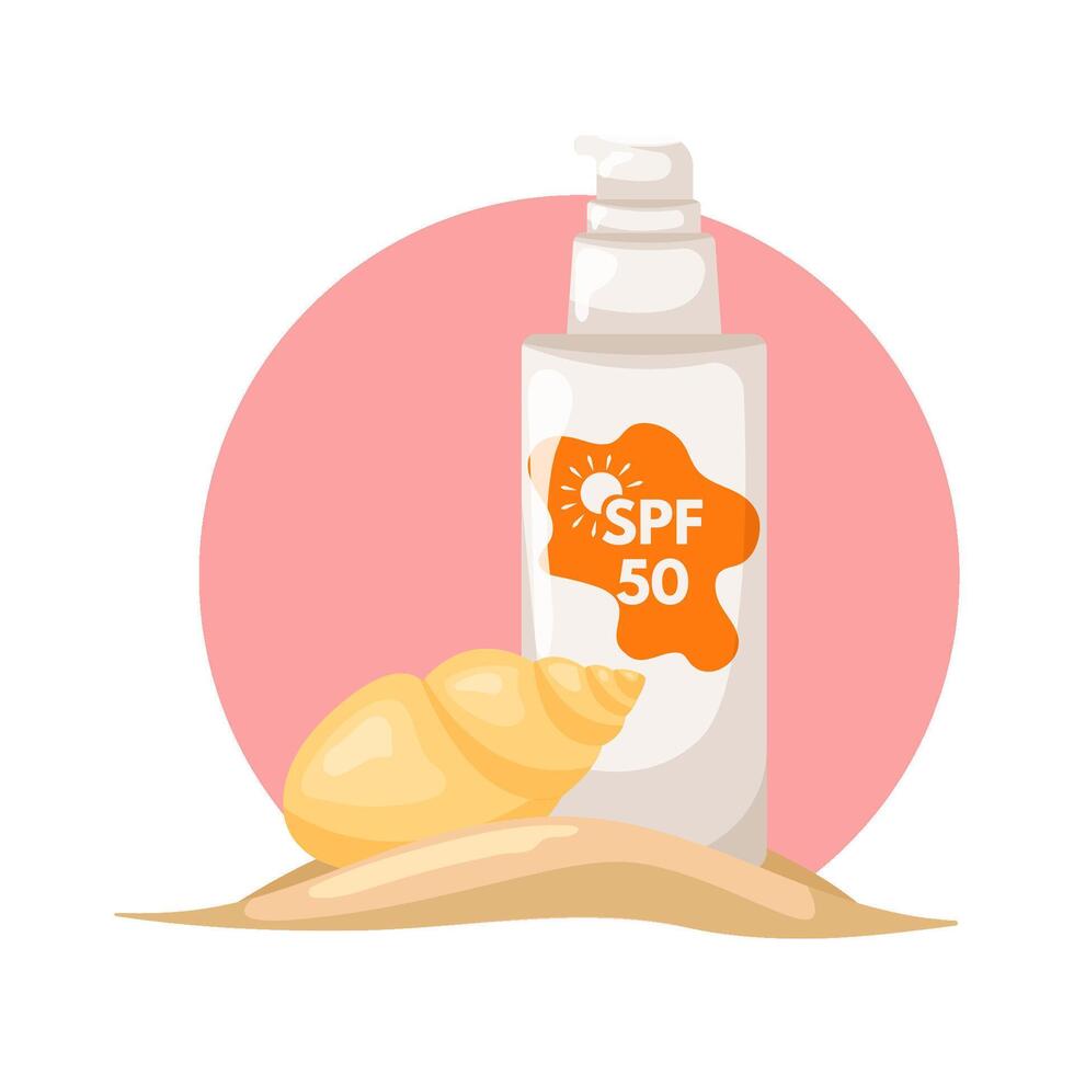 Sunscreen lotion on a pink background with a seashell. Moisturizing and protecting your skin from the sun's ultraviolet radiation. Sunscreen moisturizer, sunscreen. vector