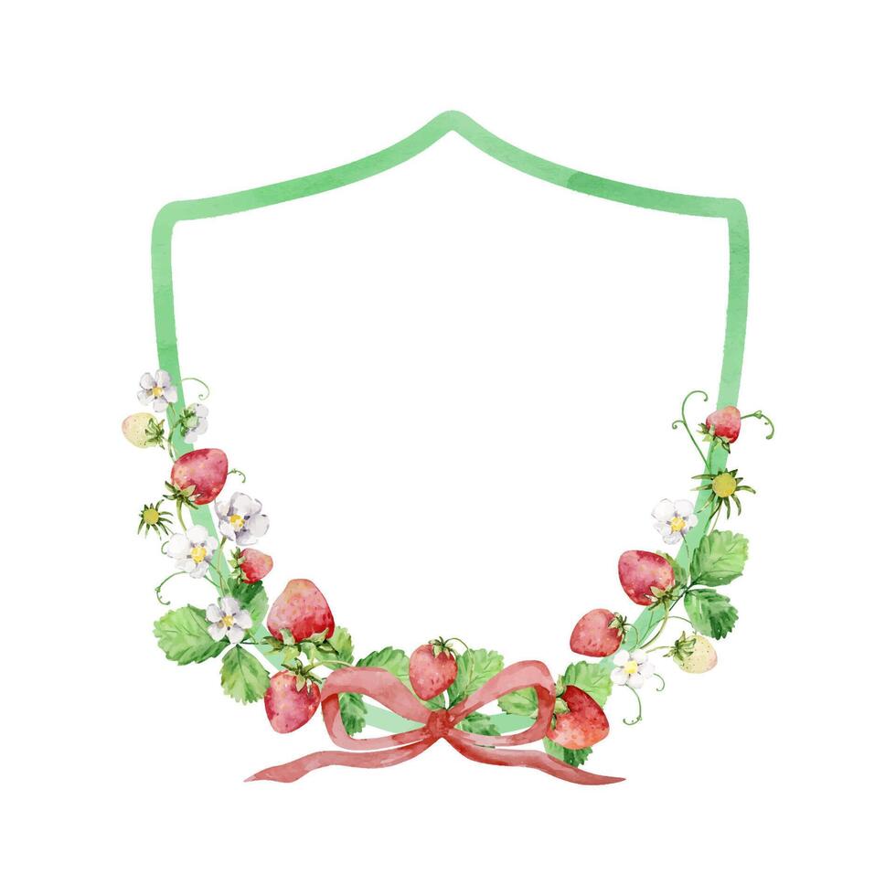 Watercolor strawberries crest frame, red berries vector