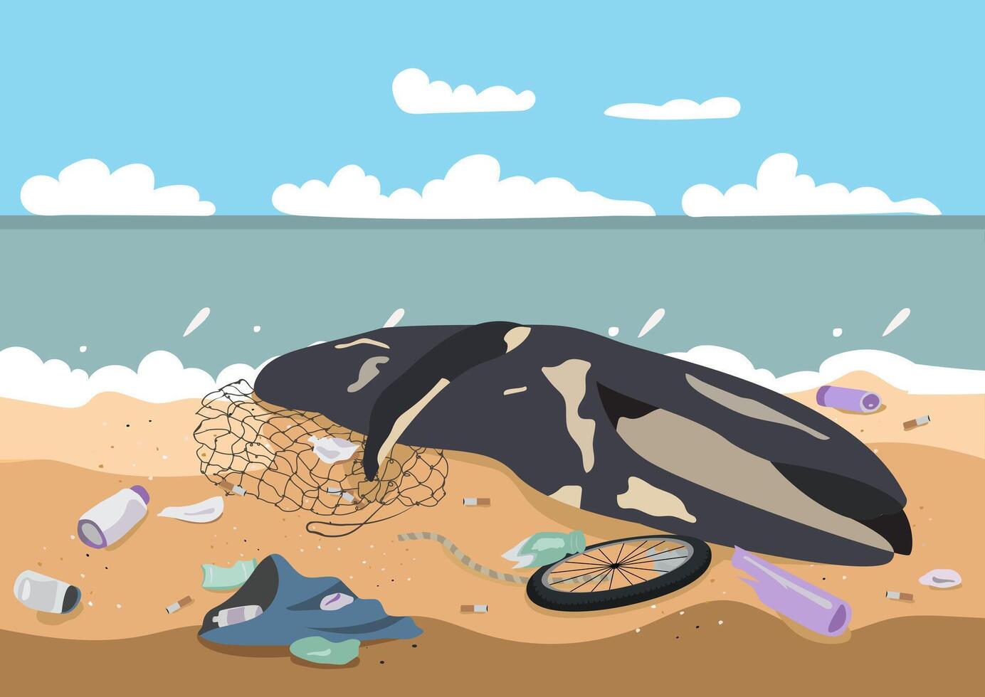a whale carcass stranded on beach with solid waste and plastic pollution around background vector