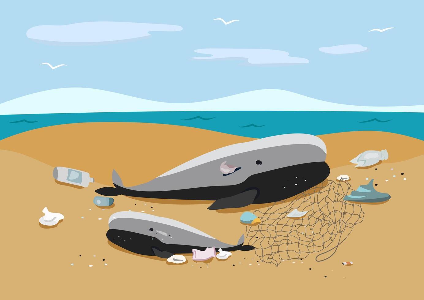 couple whale carcass stranded on beach with fishing net waste pollution around background vector