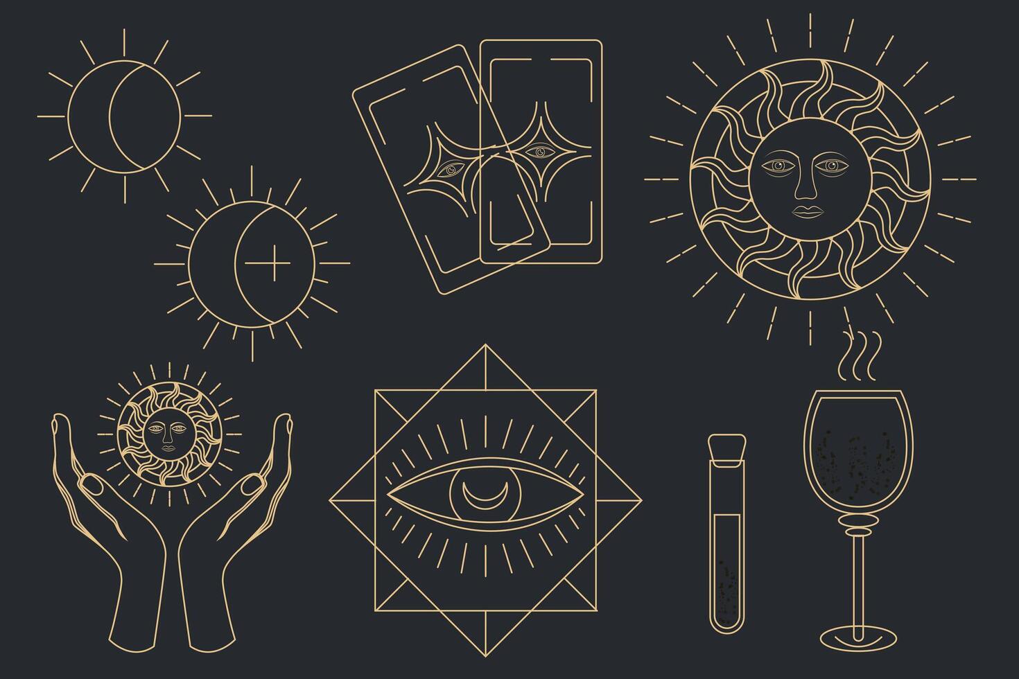 A set of esoteric symbols of the Illuminati or Providence. Alchemical mystical magical elements symbolize spiritual vision or witchcraft. Objects of black spiritual occultism. Trendy minimalist style. vector