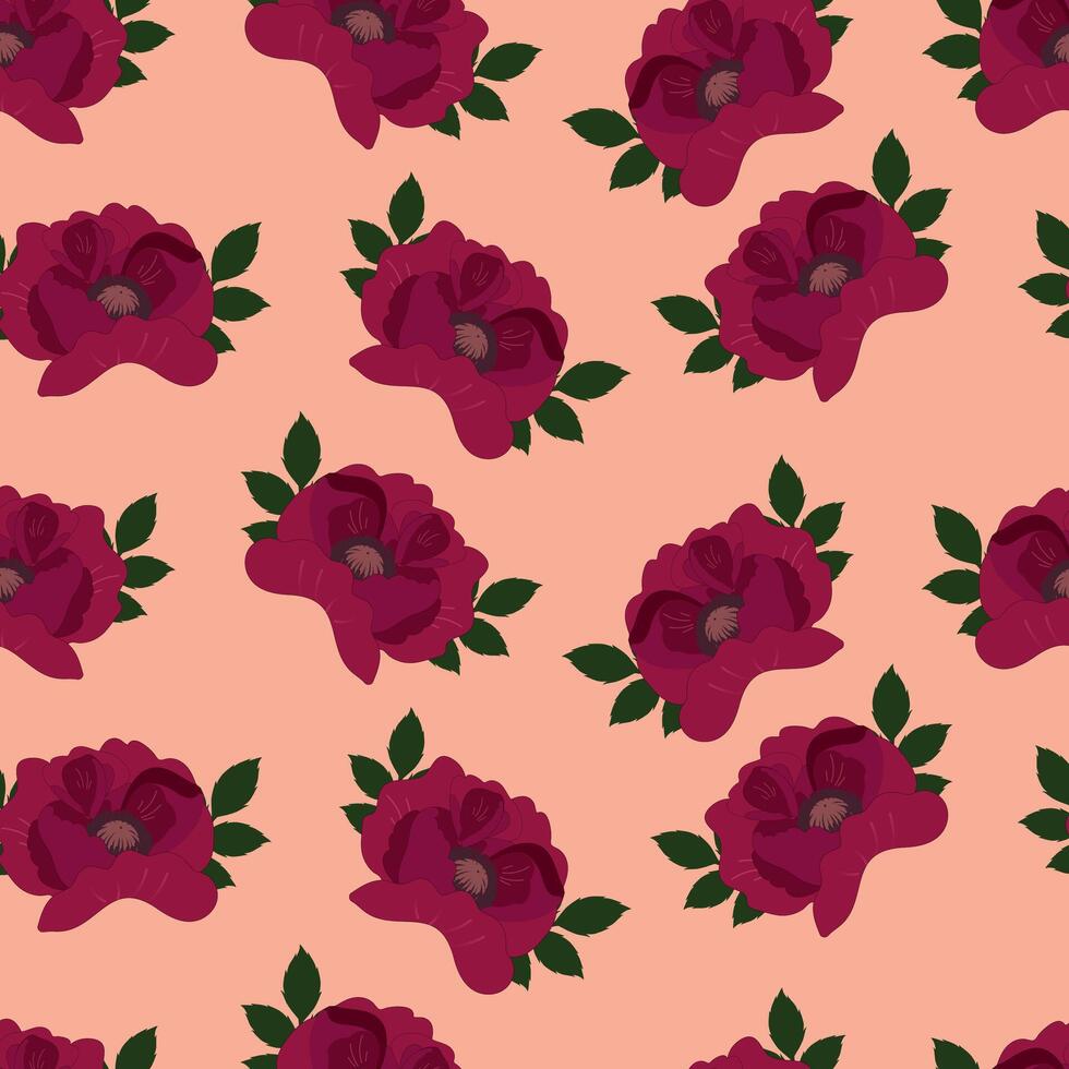 rojo rosas sin costura modelo. floreciente Rosa brote aislado en rosado fondo, popular Arte. primavera modelo. minimalista estilo. fondo de pantalla con flores, textiles, envase papel. vector