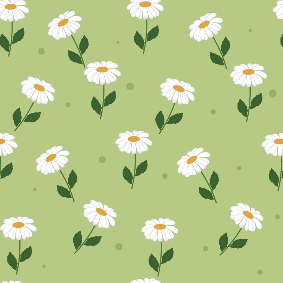 linda blanco margaritas sin costura modelo. primavera modelo en un pastel verde antecedentes. minimalista estilo. fondo de pantalla con flores, textiles, envase papel. vector