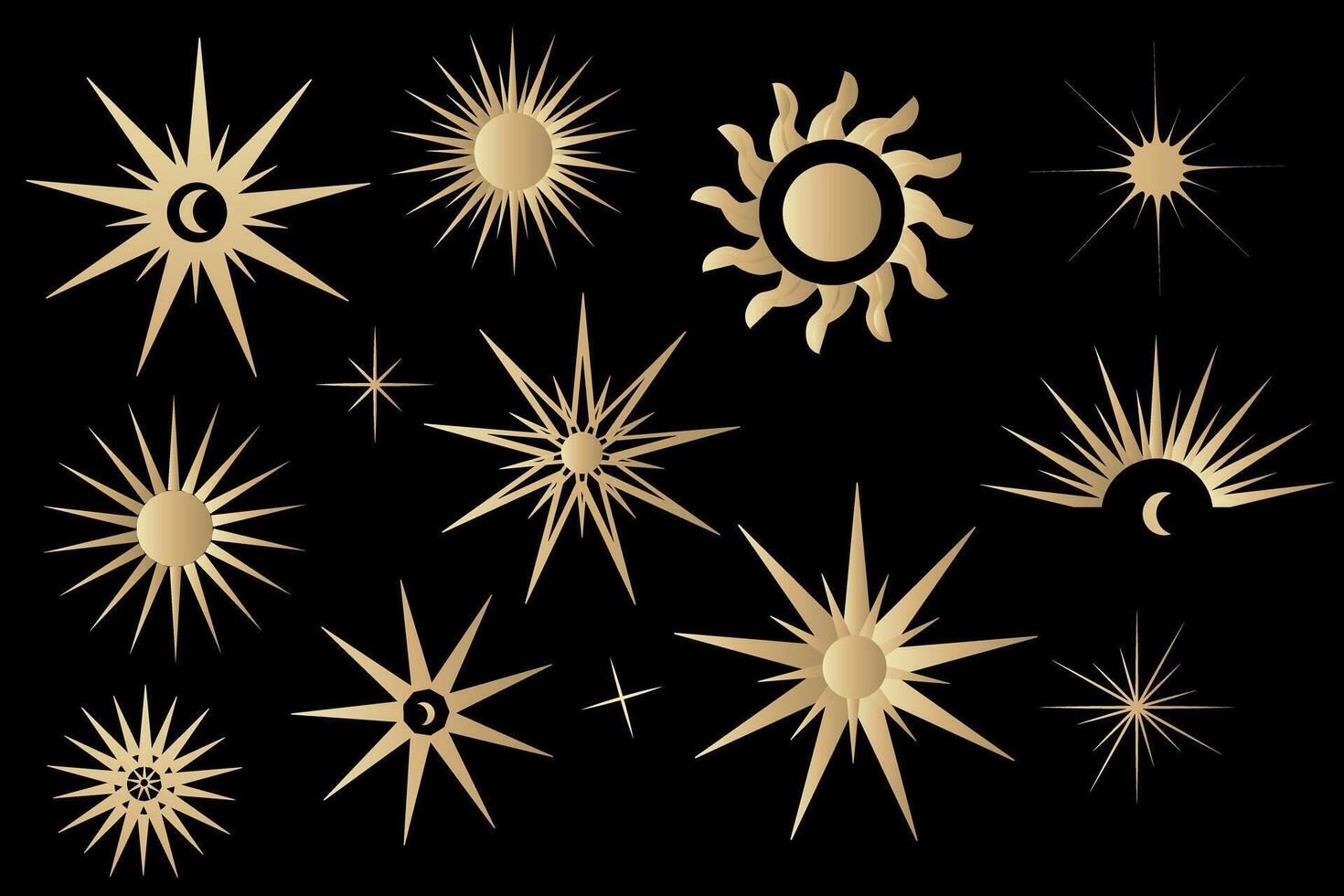 Golden set of mystical magic different sun shapes. Objects of spiritual occultism and esotericism, fashionable style. Template elements for posters, patterns, illustrations and other designs. vector