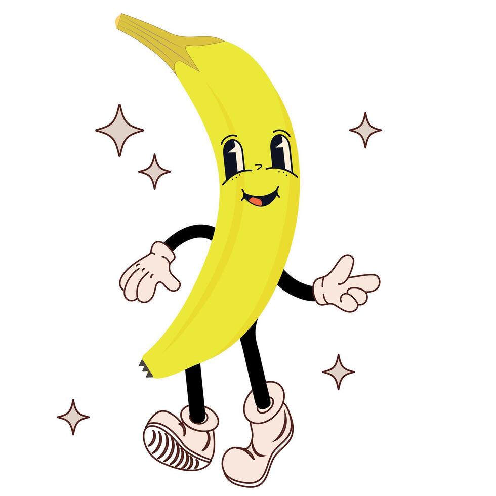 Groovy retro cartoon banana character in cool vintage 50s, 60s, 70s style. Fruit vintage mascot. vector