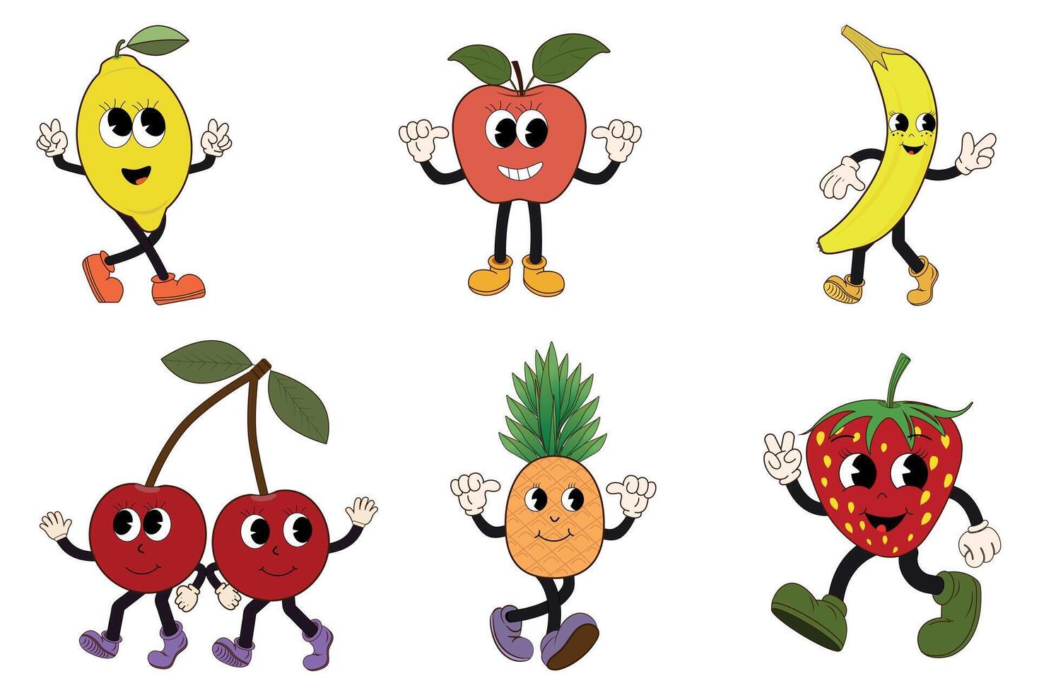 Set of fruits, retro cartoon character in groovy style. Vintage mascot lemon, apple, banana, cherry, pineapple, strawberry with a happy smile. Illustration of funky fruits and berries. vector