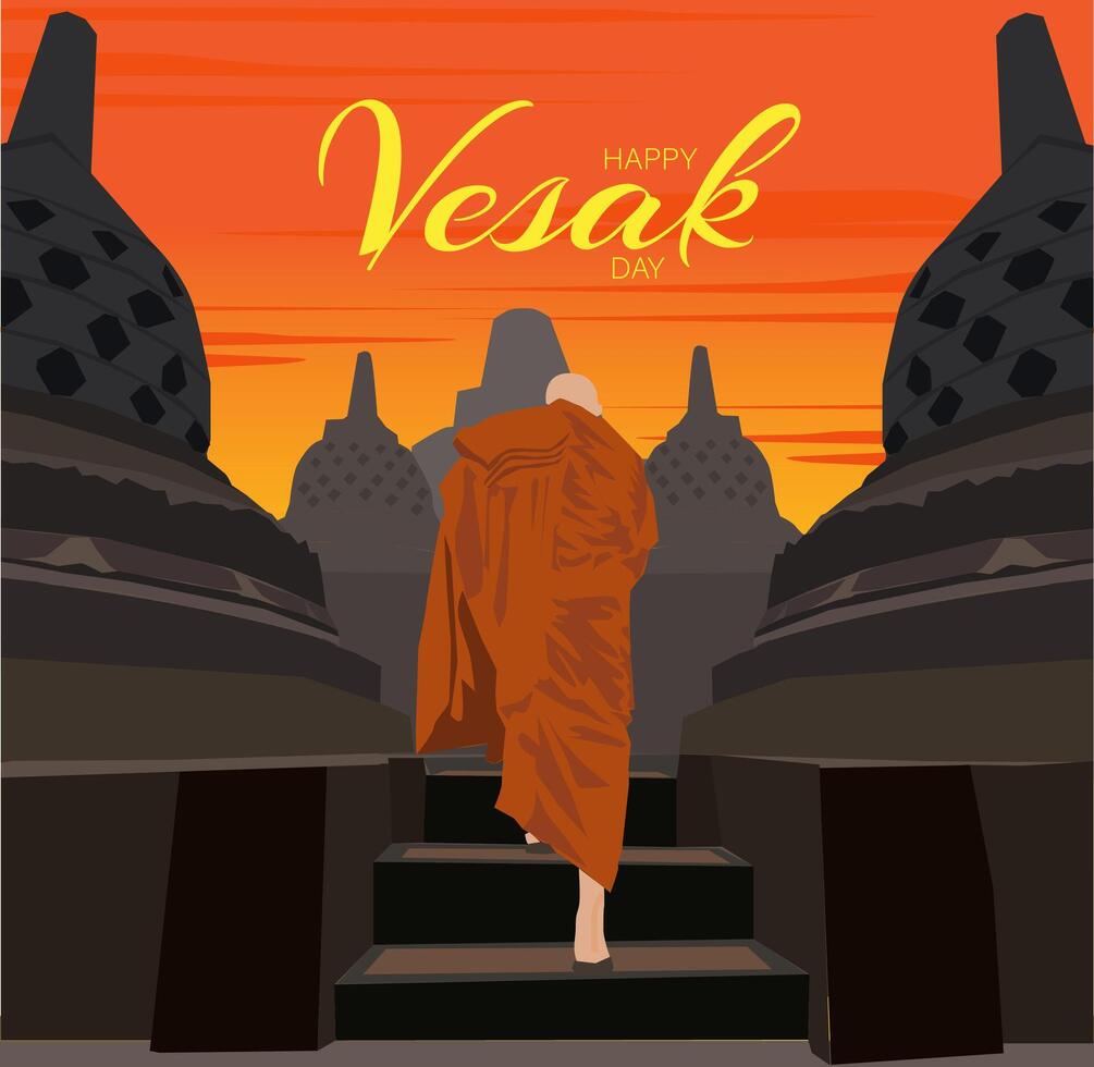 monk in his uniform climbing the stairs of Borobudur temple Indonesia happy vesak day in sunset evening twilight time.eps vector