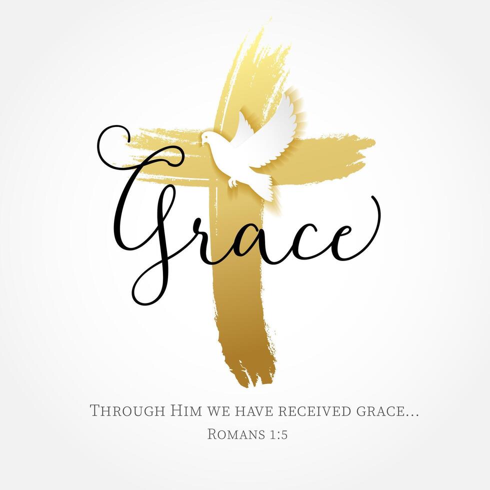 Golden cross and flying dove, Christian T shirt design. Religious symbol. Pentecost Sunday greetings vector