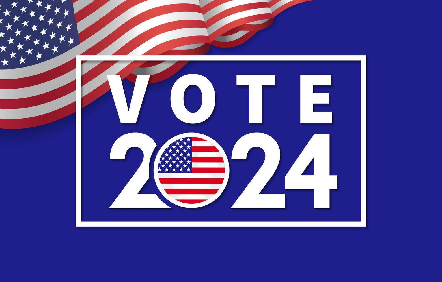 Vote 2024, USA election day poster with 3D waving flag backdrop. vector