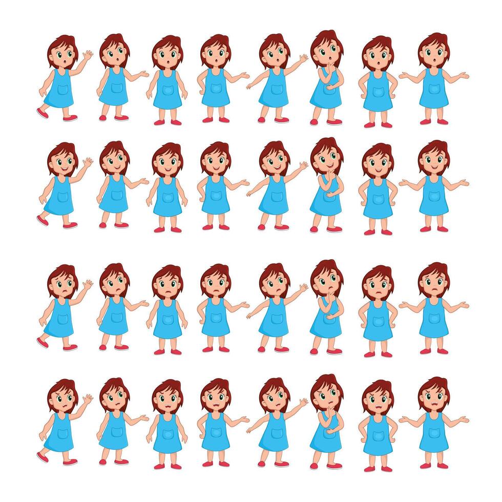 Big cute girl set with happy, sad, worried, angry, gesture or expression with multiple posses illustration vector