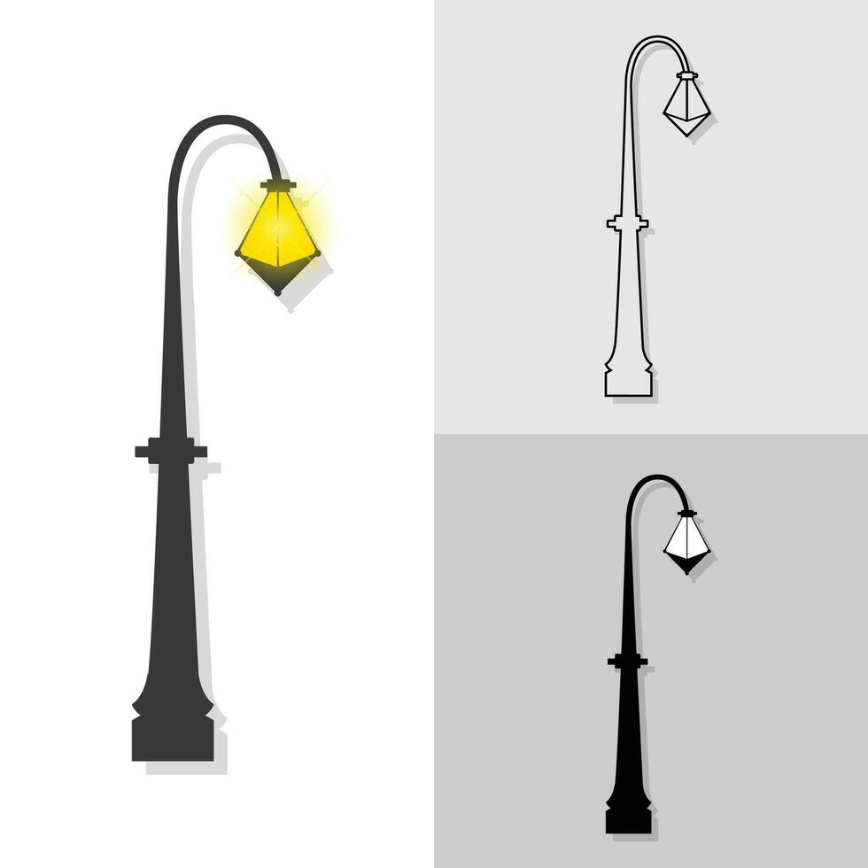 Lighting outdoor street lamp garden, urban old street poles, front street lamp spot in flat, line art and silhouette style illustration vector