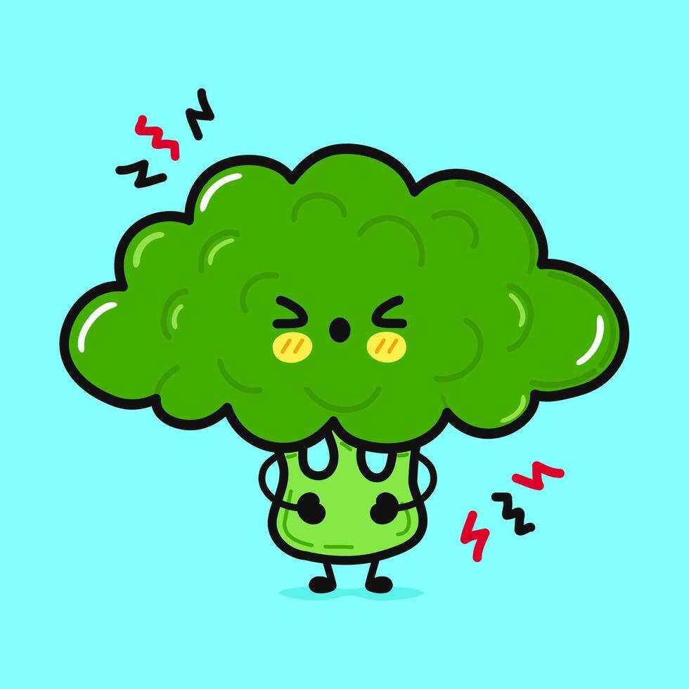 enojado brócoli personaje. mano dibujado dibujos animados kawaii personaje ilustración icono. aislado en azul antecedentes. triste brócoli personaje concepto vector