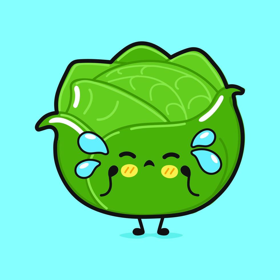 Crying Cabbage character. hand drawn cartoon kawaii character illustration icon. Isolated on blue background. Sad Cabbage character concept vector