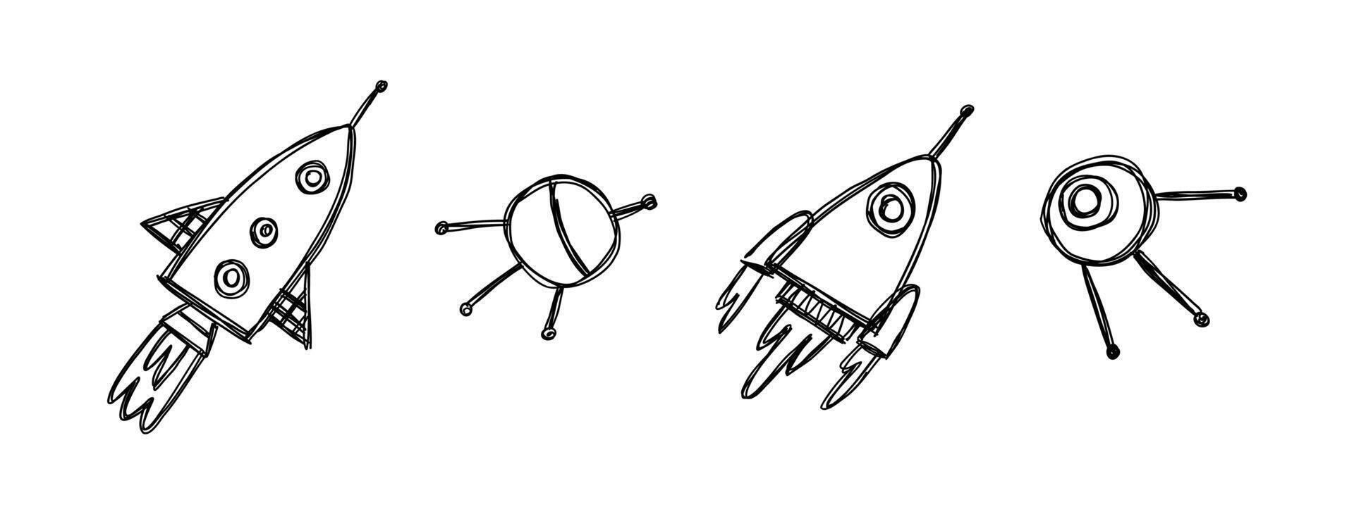 Doodle rocket and flying saucers. Space, stars, spaceship illustration. vector