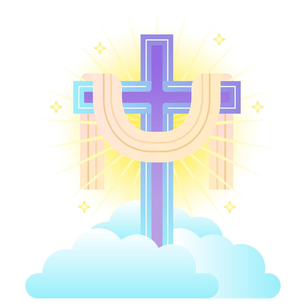 Ascension Day of Jesus Christ with blue cross and shining light on sky vector