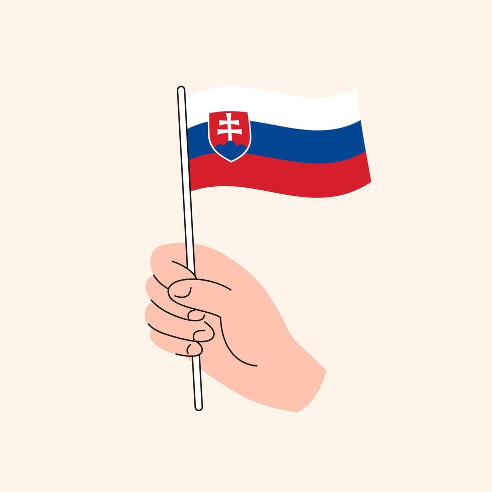 Cartoon Hand Holding Slovakian Flag, Simple Design. Flag of Slovakia, Europe, Concept Illustration, Isolated Flat Drawing vector