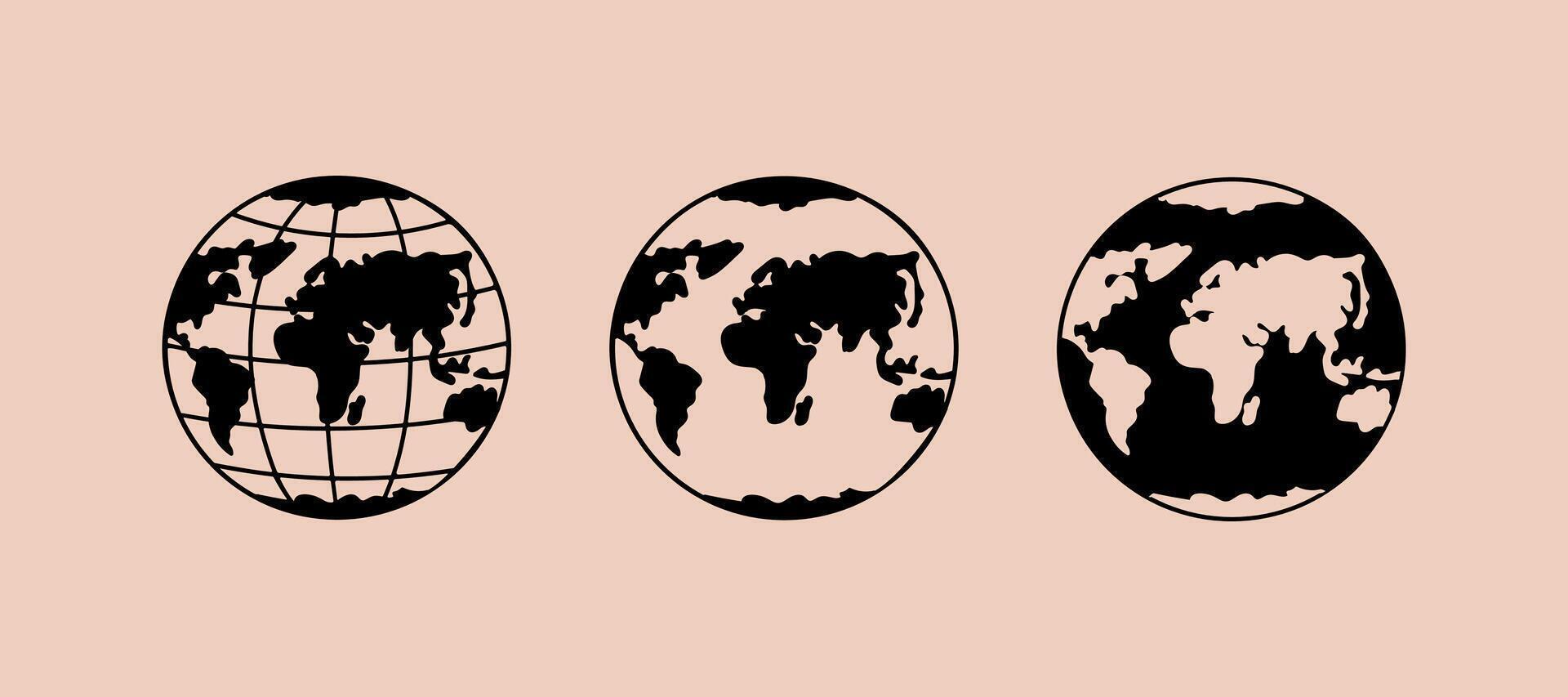 Set of 3 Hand Drawn Earth Globes, Illustration, Isolated on Pastel Background. Minimalistic Design Mixing Different Styles and Fills. vector