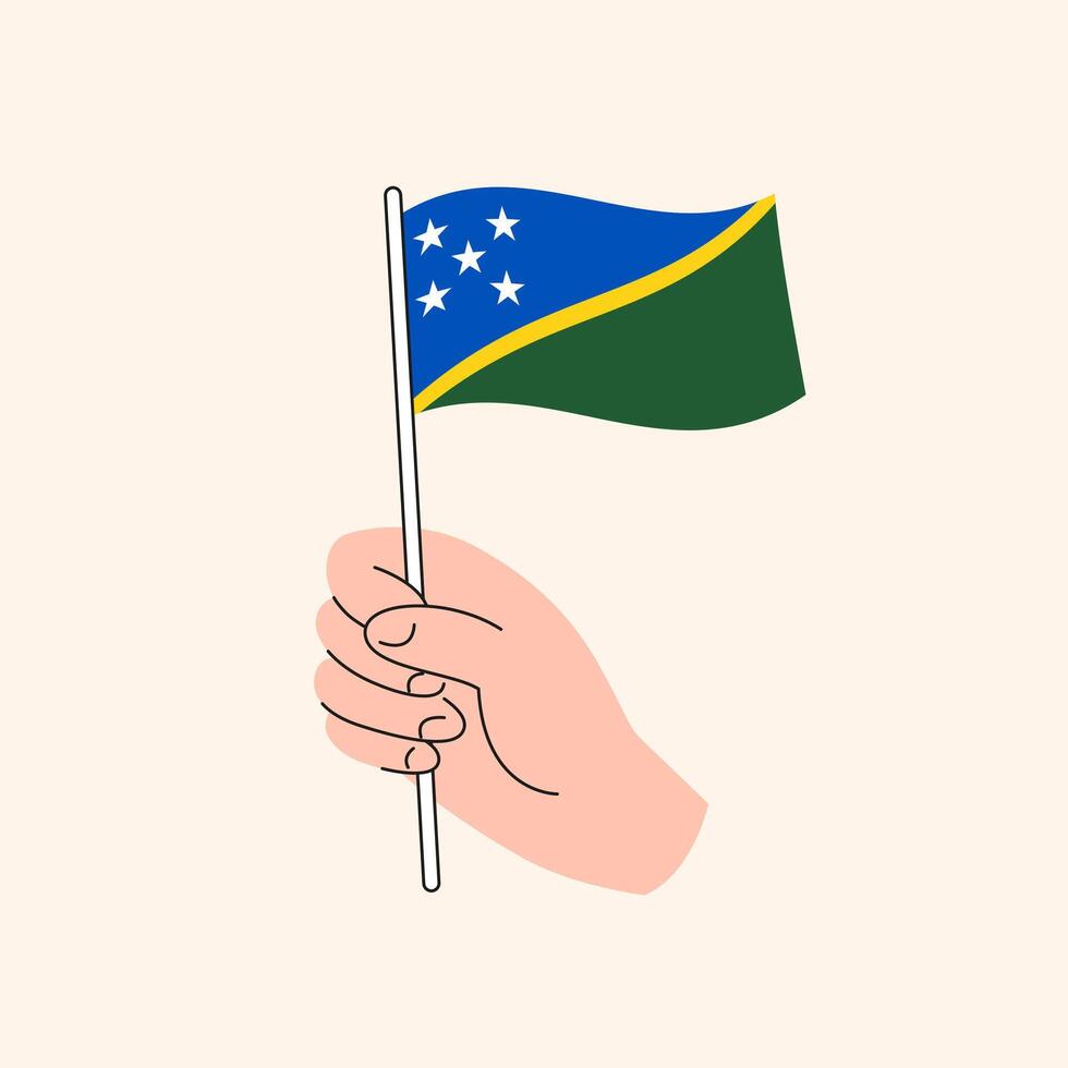 Cartoon Hand Holding Solomon Islands Flag, Simple Design. Flag of Solomon Islands, Oceania, Concept Illustration, Isolated Flat Drawing vector