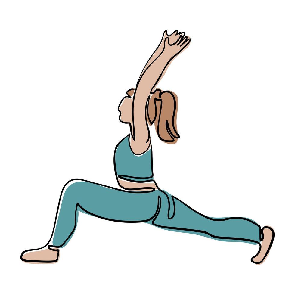 Sporty woman in stretching yoga pose in boho style. Hand drawn single line icon of female body doing exercises. illustration isolated on white background vector