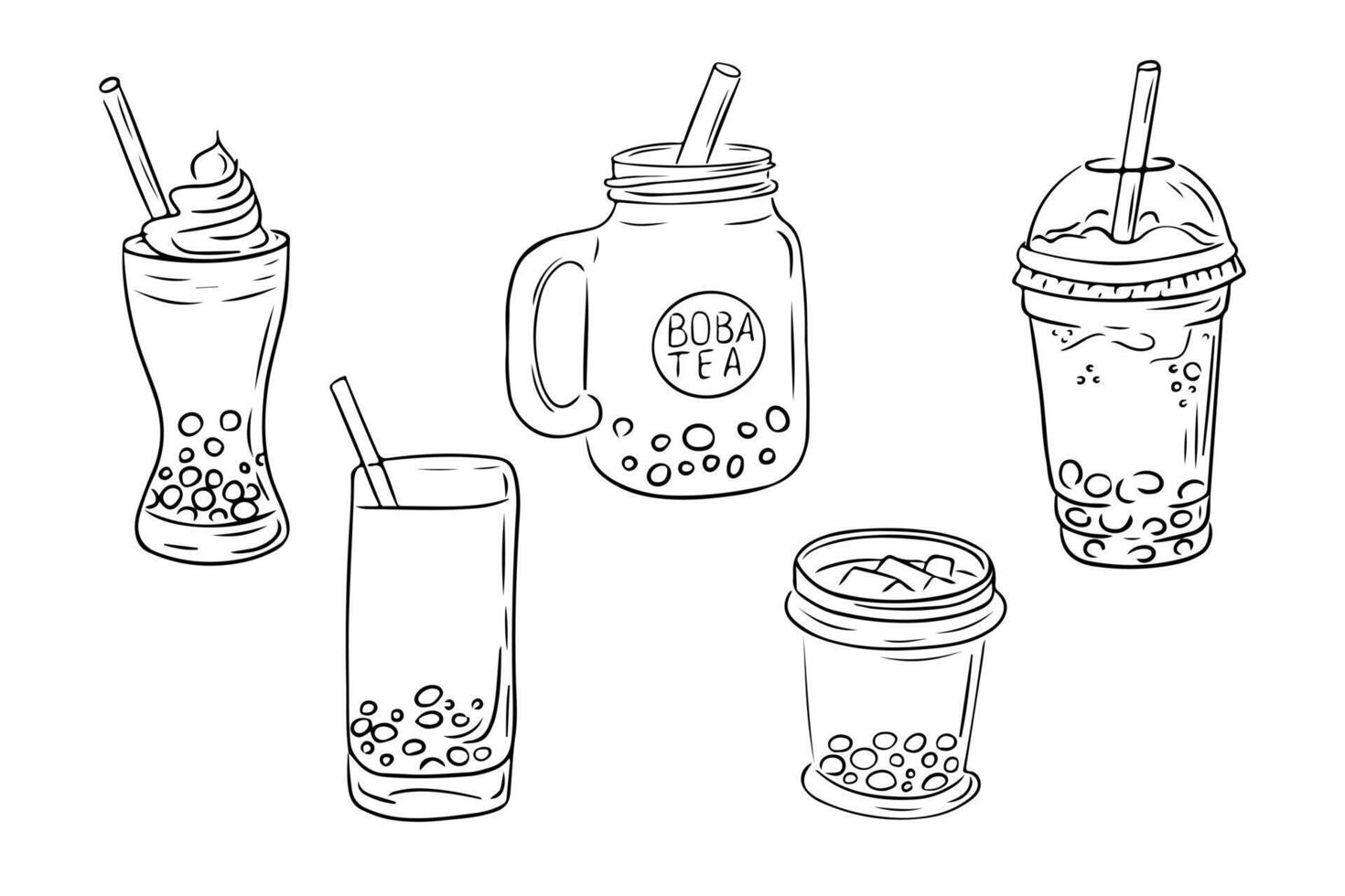 Monochrome illustration with glasses of bubble tea in doodle style. Contour composition isolated on white background. Hand drawn sketchy drawing vector