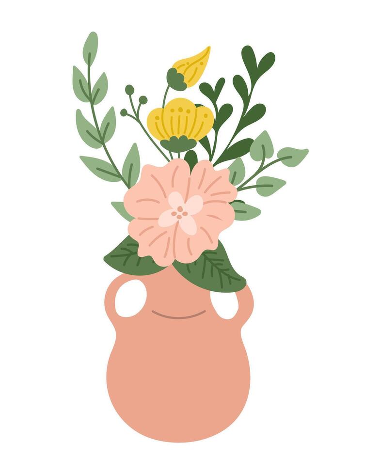 Pastel colored hand drawn floral composition in vase. Abstract flowers and modern vase isolated on white background. Unique print design for printout, poster, interior. Modern print concept vector