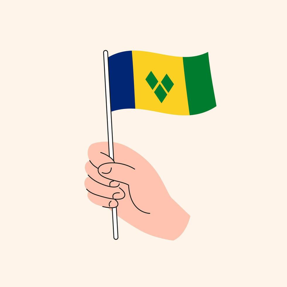 Cartoon Hand Holding Vincentian Flag, Simple Design. Flag of Saint Vincent and Grenadines, Caribbean, Concept Illustration, Isolated Flat Drawing vector