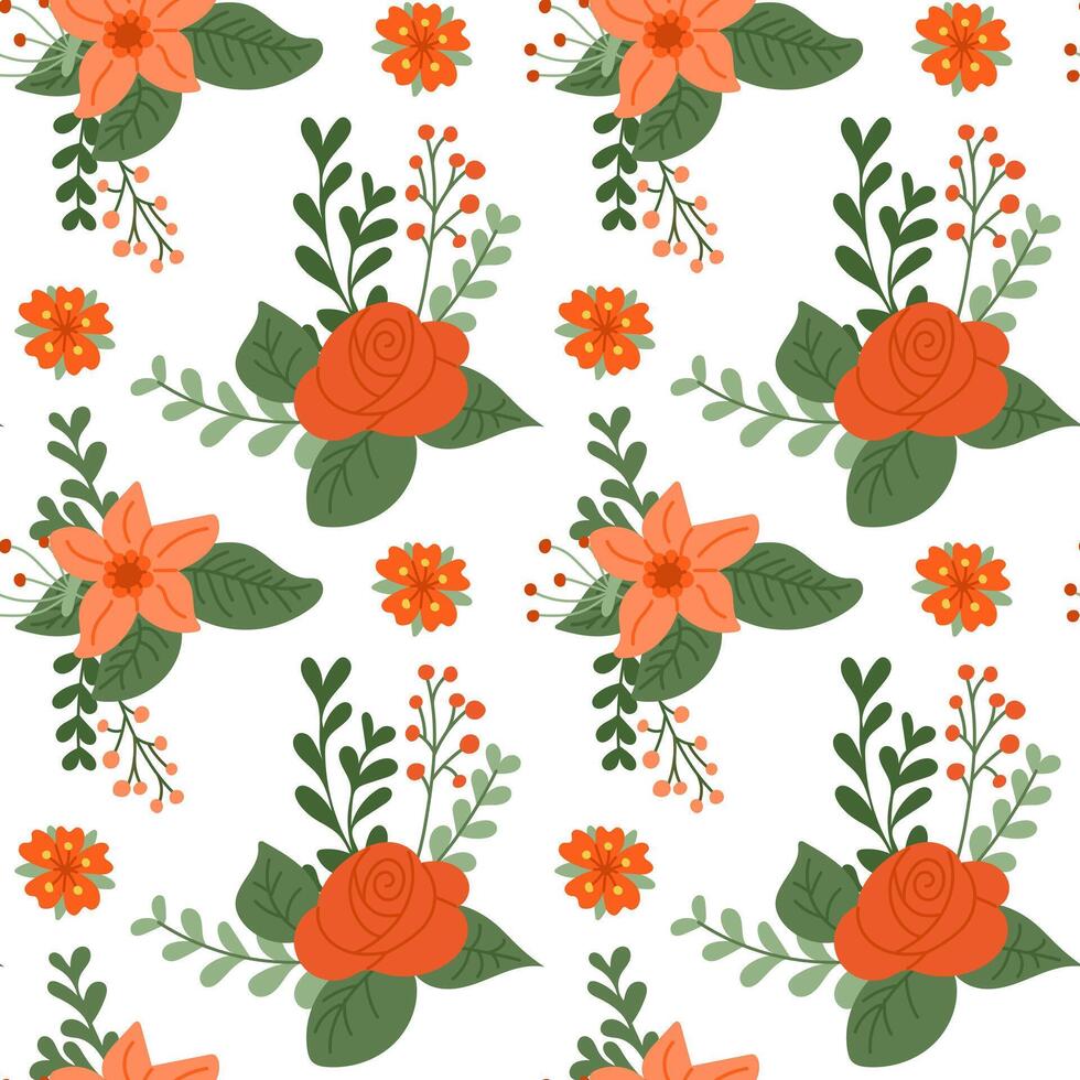 Red abstract hand drawn flowers seamless pattern. Summer concept. Isolated items on white background. Trendy folk print design for textile, wallpaper, interior, wrapping paper vector