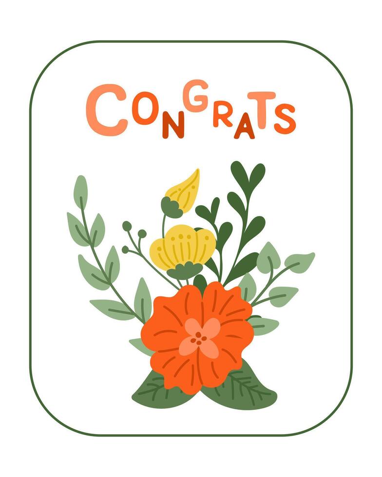 saludo tarjeta con texto felicidades y resumen composición de flores plano de colores composición aislado en blanco antecedentes. fiesta concepto. único impresión diseño para imprimir, póster vector