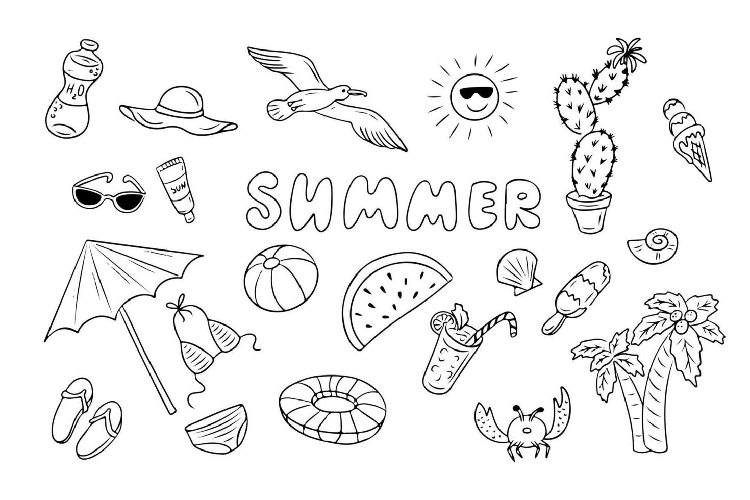 Set of hand drawn ink black summer doodles. Vacation summer concept. Sea beach related items isolated on white background. Good for coloring pages, tattoos, stickers vector