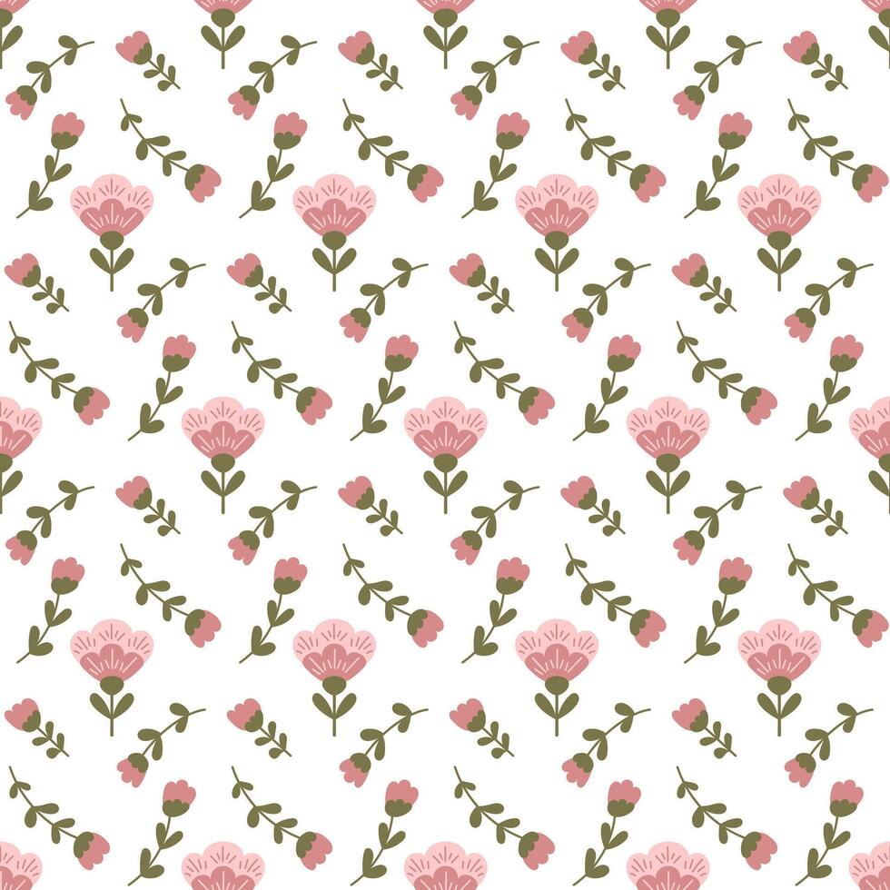 Folk abstract floral seamless pattern in flat style. Hand drawn illustration in pastel colors isolated on white background. Botanical pattern in boho style. Print design for textile vector