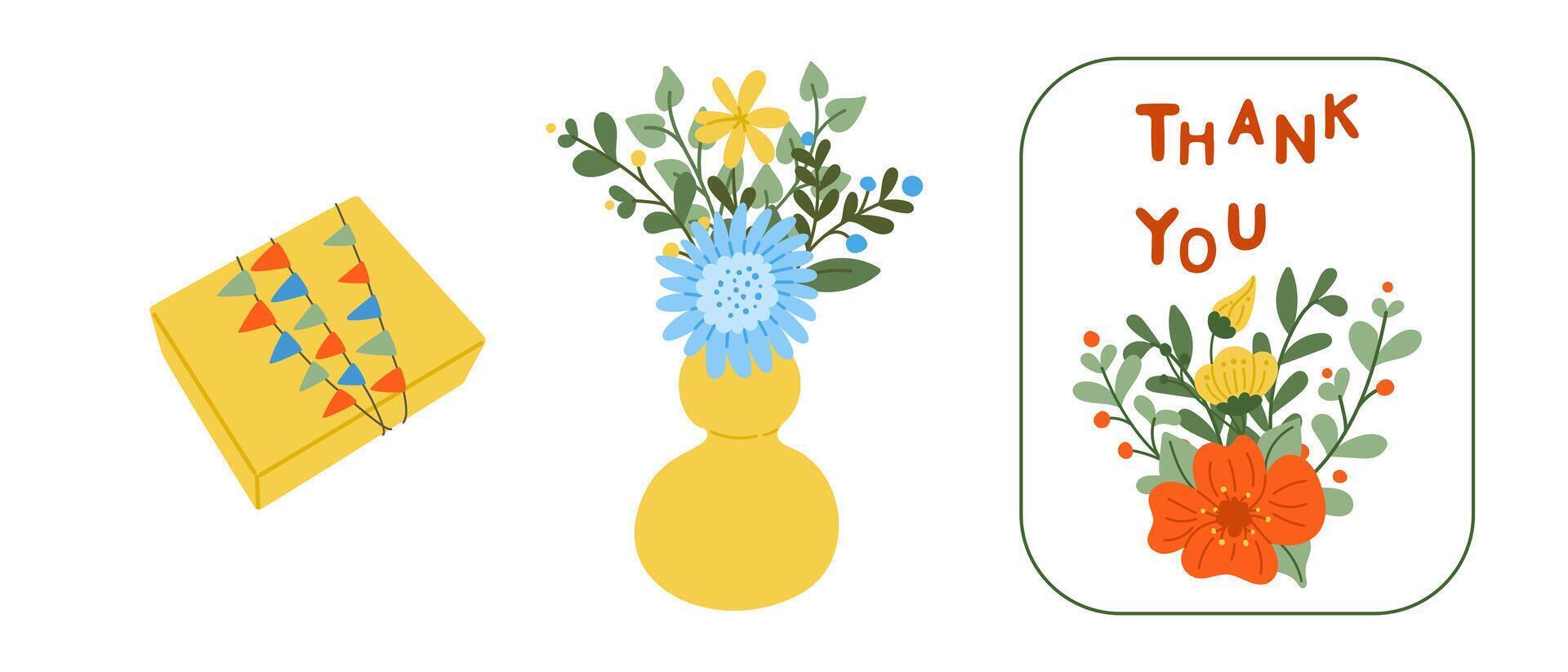 Greeting floral flat set with card, gift and bouquet. Floral holiday party concept. Flat colored floral elements and compositions for greeting card. Modern concept in kids pastel colors vector