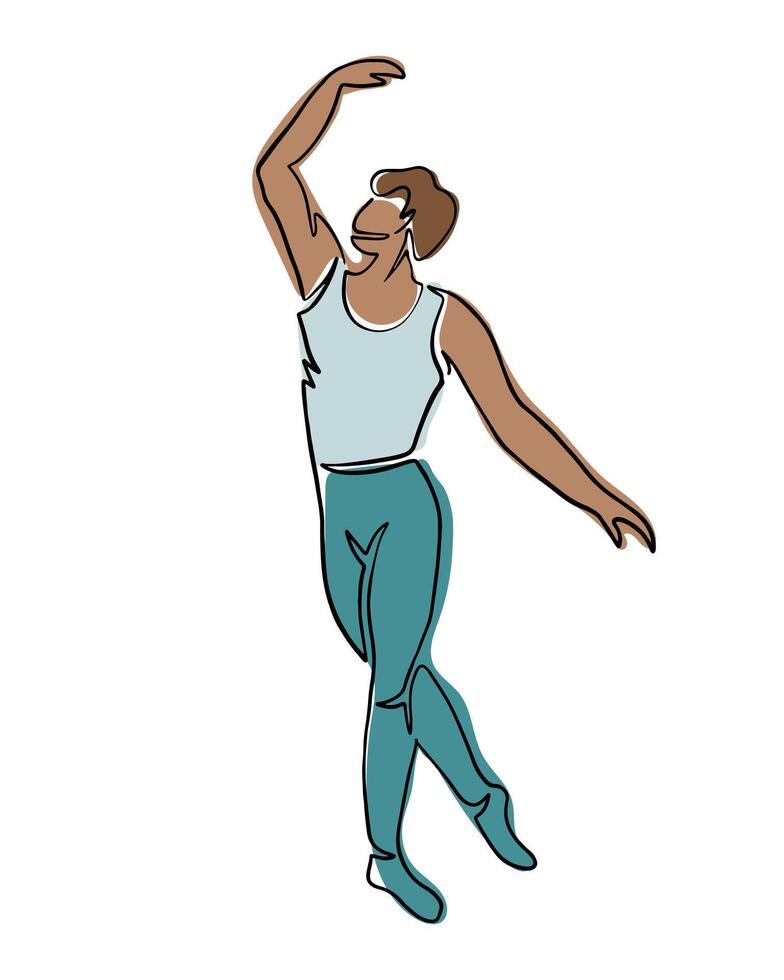 Dancing black man in boho style. Hand drawn single line icon of male body in elegant position. Contour composition isolated on white background. vector