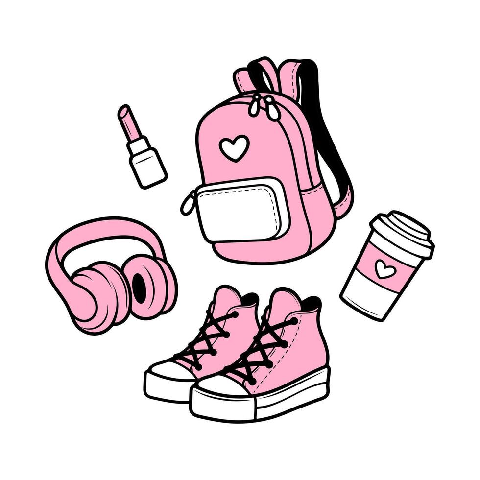 A set of stickers for a schoolgirl girl in pink. Backpack with a heart, paper cup of coffee, lipstick, headphones, sneakers. Fashionable illustration. vector