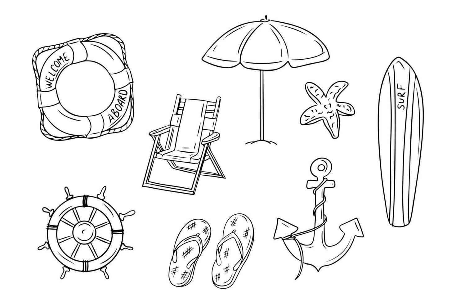 Monochrome set of summer beach items in doodle style. hand drawn contour sketchy drawings of thing related to summer vacation. Isolated stuff on white background vector