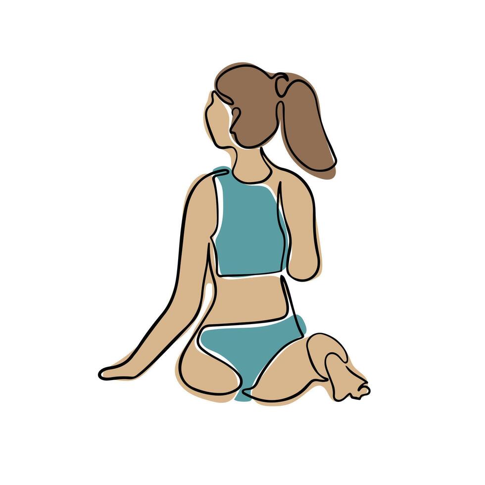 Young woman stretching in yoga pose. Boho style. Contour composition isolated on white background. Hand drawn single line icon of female body doing yoga exercises vector