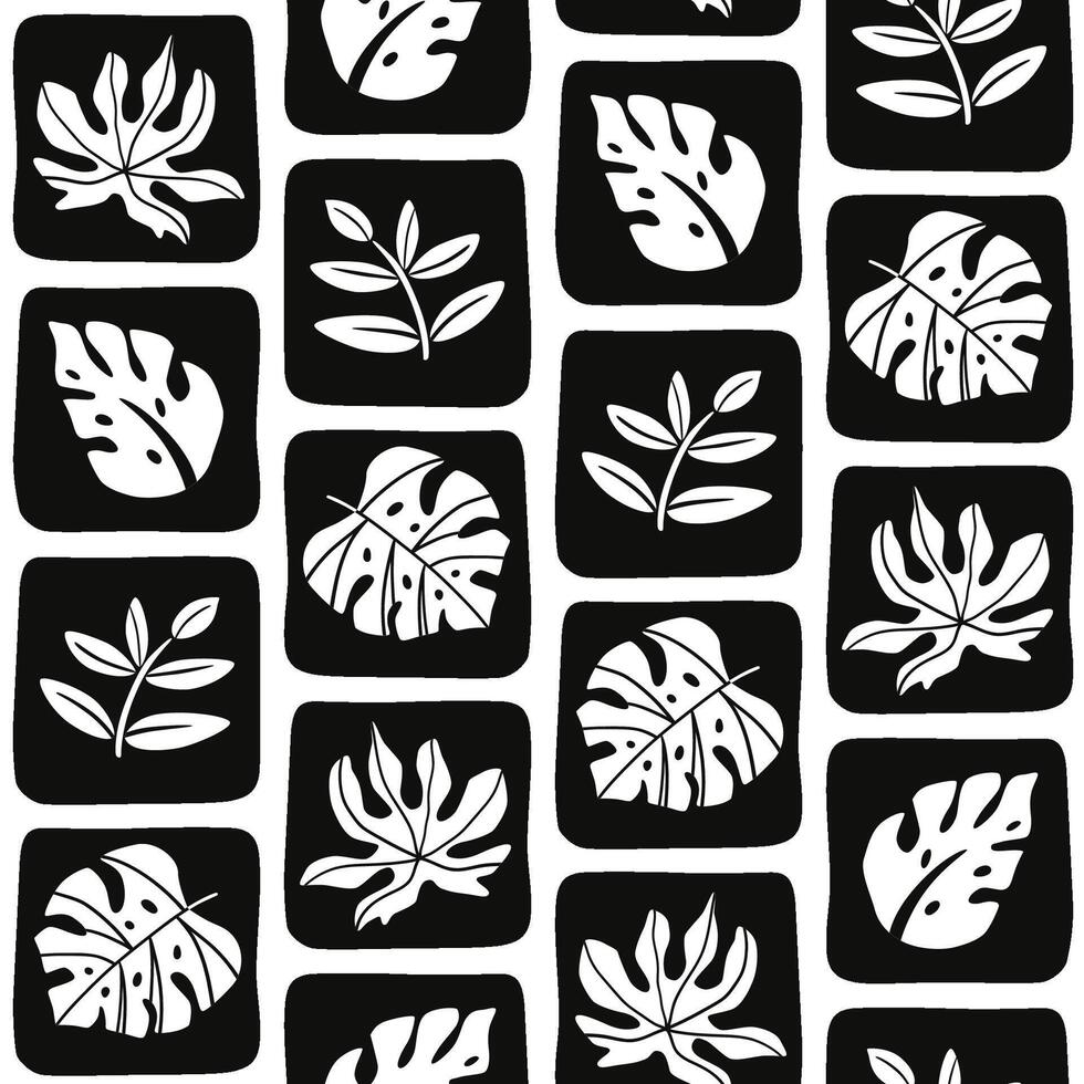 mínimo trópico hojas sin costura modelo. negro y blanco geométrico tropical follaje repetir fondo, fondo de pantalla. resumen oscuro selva verano textil diseño. linda minimalista imprimir, tela. vector