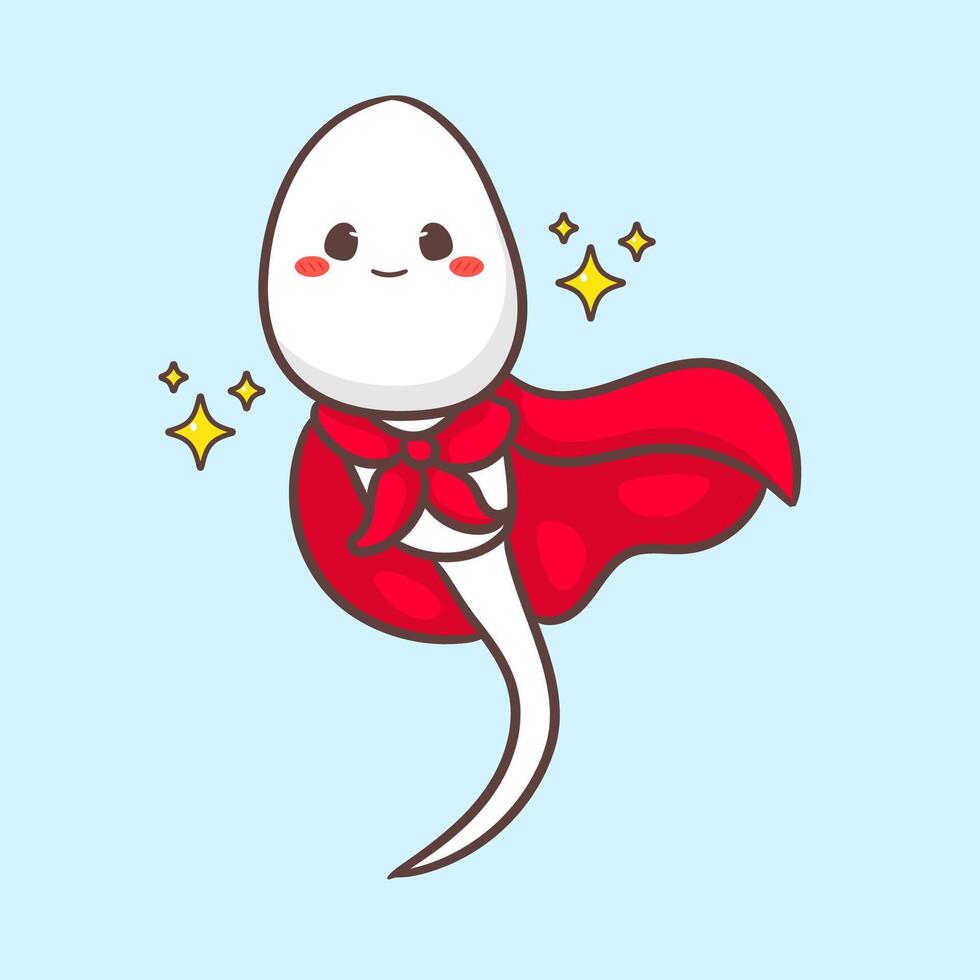 Cute hero sperm with red cloak cartoon character. Health concept design. Art illustration vector