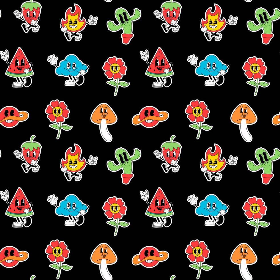 Seamless pattern Cartoon abstract character. Retro trendy stickers with funny comic characters and gloved hands. vector