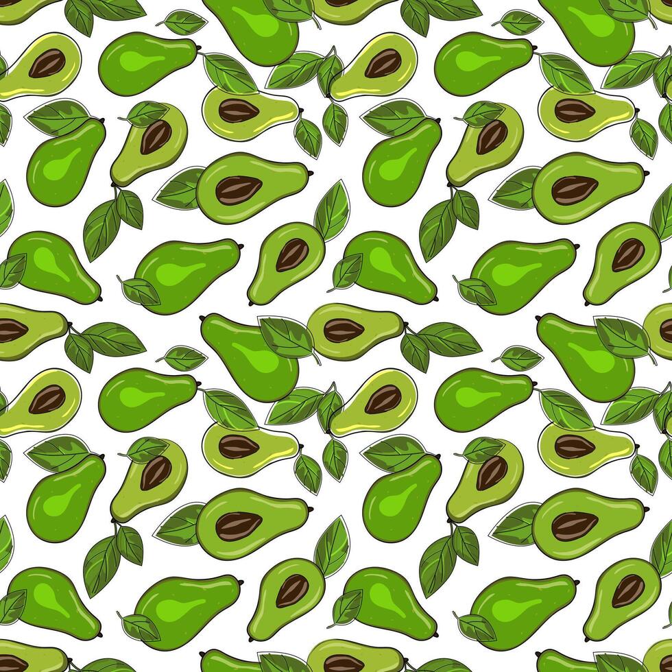 Ripe, juicy avocado cut with leaves, seamless geometric pattern.Hand drawn in doodle style.Design for printing on fabrics, holiday and confectionery packaging, wallpaper, wrapping and scrap vector