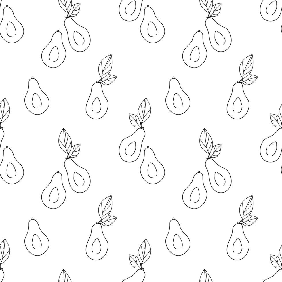 Black and white avocado cut with leaves,seamless geometric pattern.Hand drawn doodle style. Design for printing on fabrics,holiday and confectionery packaging,wallpaper,packaging and scrap metal vector