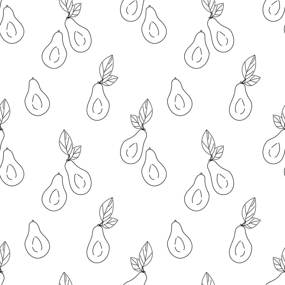 Black and white avocado cut with leaves,seamless geometric pattern.Hand drawn doodle style. Design for printing on fabrics,holiday and confectionery packaging,wallpaper,packaging and scrap metal vector