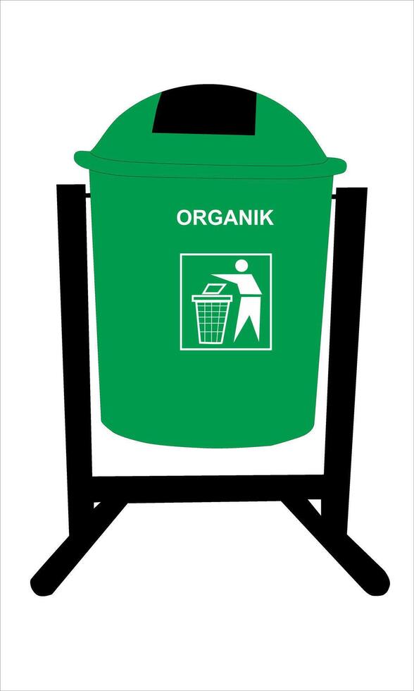 Green organic trash can with black pole on white background vector