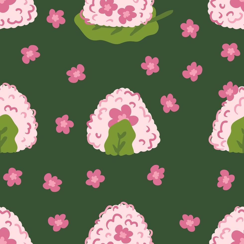 Popular Japanese food sakura flowers onigiri rice ball seamless pattern. Perfect print for paper, textile, fabric, menu and stationery. Hand drawn illustration. vector