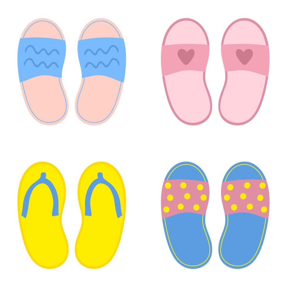 Summer shoes, beach slippers in hand drawn style collection. illustration isolated on white background. vector