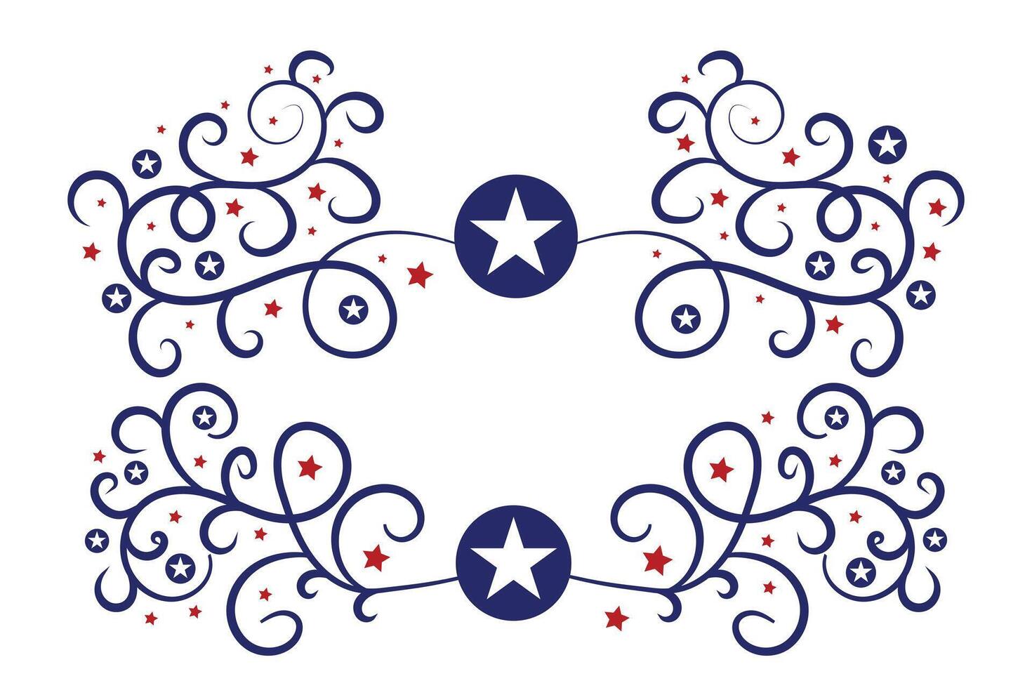 4th of July lettering header Ornate swirls, patriotic red stars, and blue Elegant fancy separators Decorative Elements, American Independence Day Calligraphy Flourishes text dividers vector