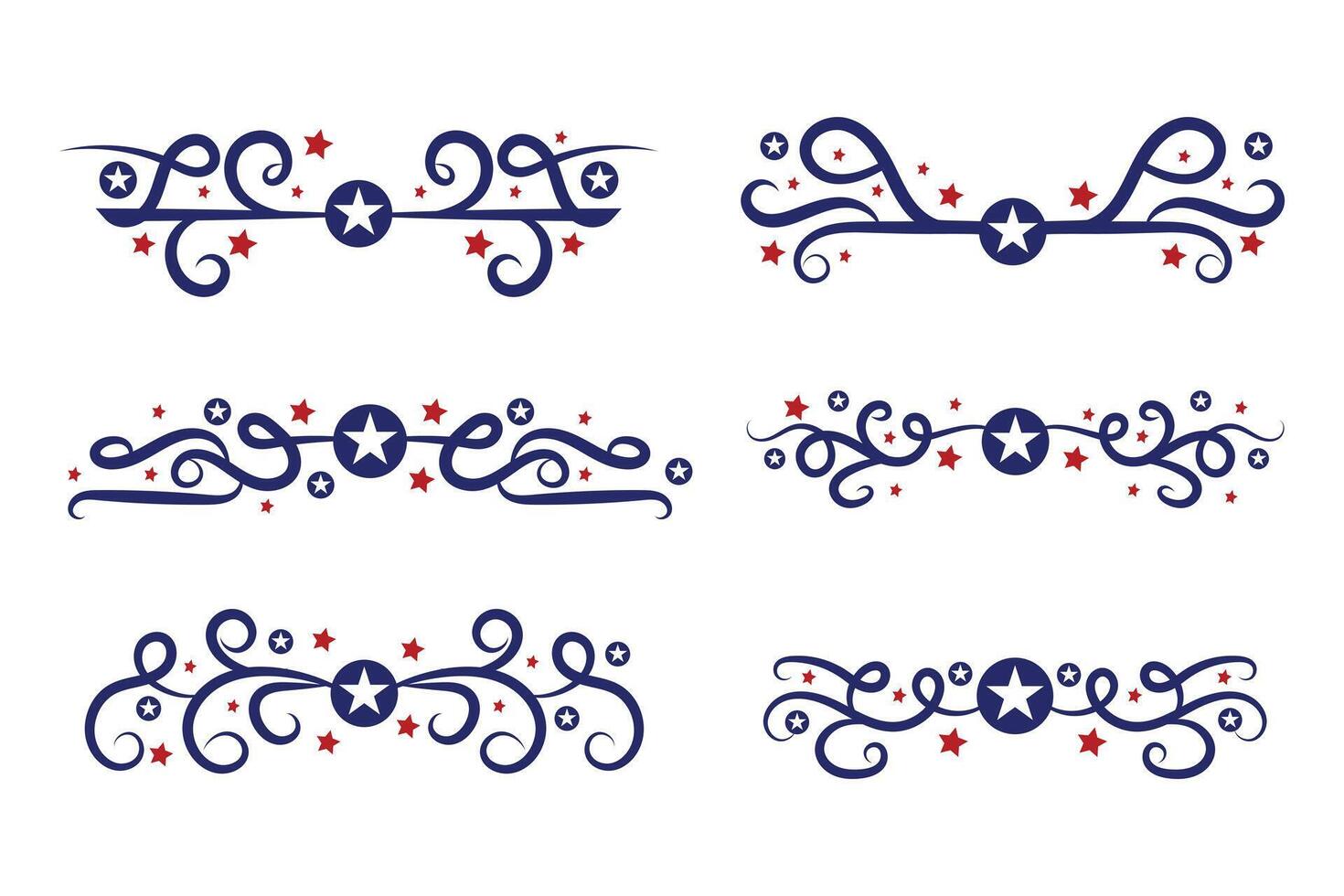 4th of July lettering header Ornate swirls, patriotic red stars, and blue Elegant fancy separators Decorative Elements, American Independence Day Calligraphy Flourishes text dividers vector