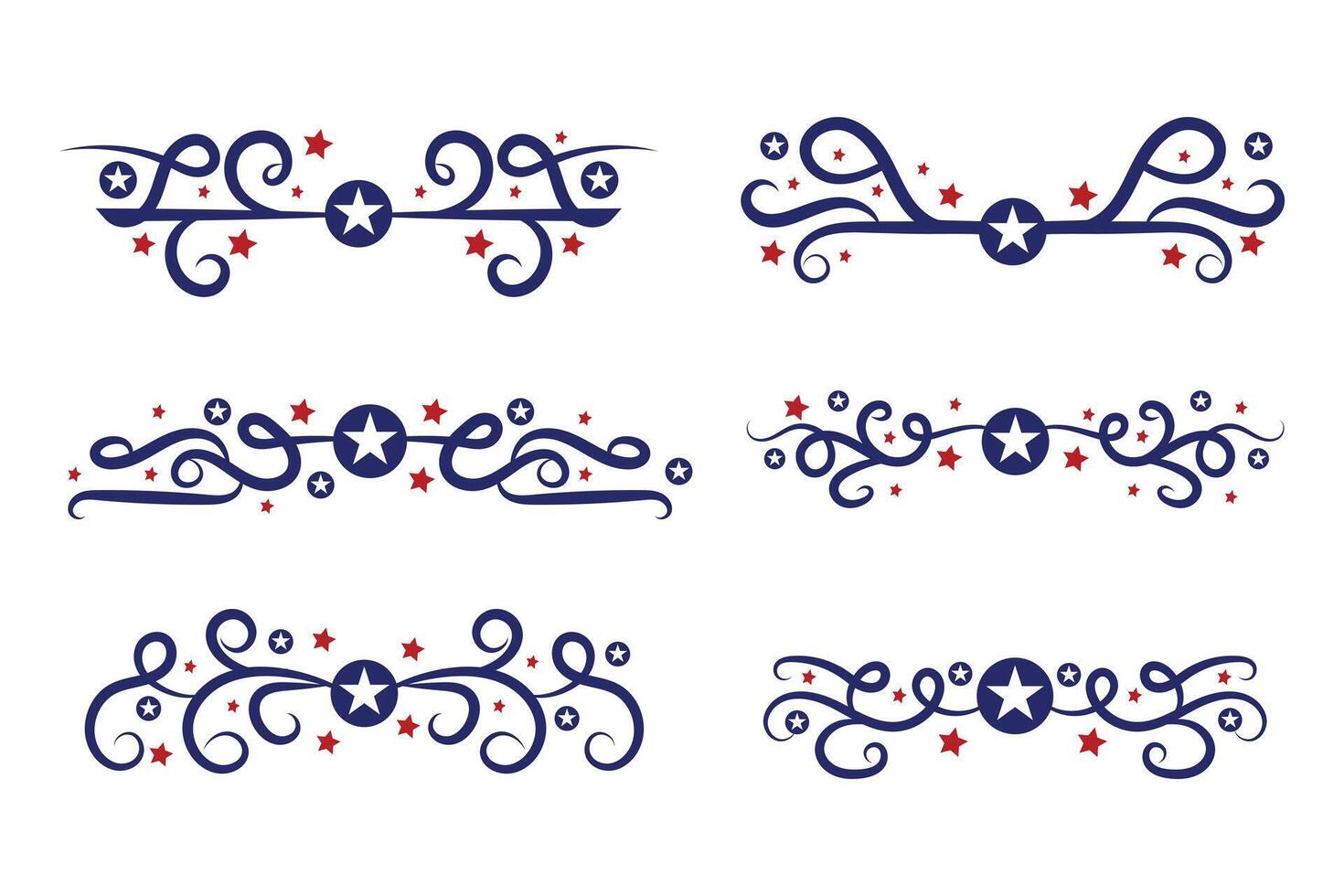 4to de julio letras encabezamiento florido remolinos, patriótico rojo estrellas, y azul elegante lujoso separadores decorativo elementos, americano independencia día caligrafía florece texto divisores vector