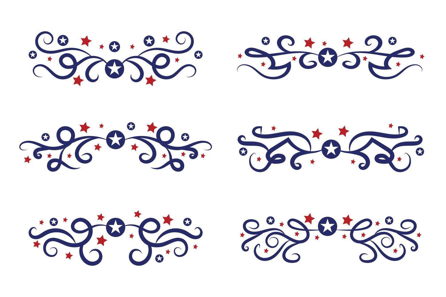 4th of July lettering header Ornate swirls, patriotic red stars, and blue Elegant fancy separators Decorative Elements, American Independence Day Calligraphy Flourishes text dividers vector