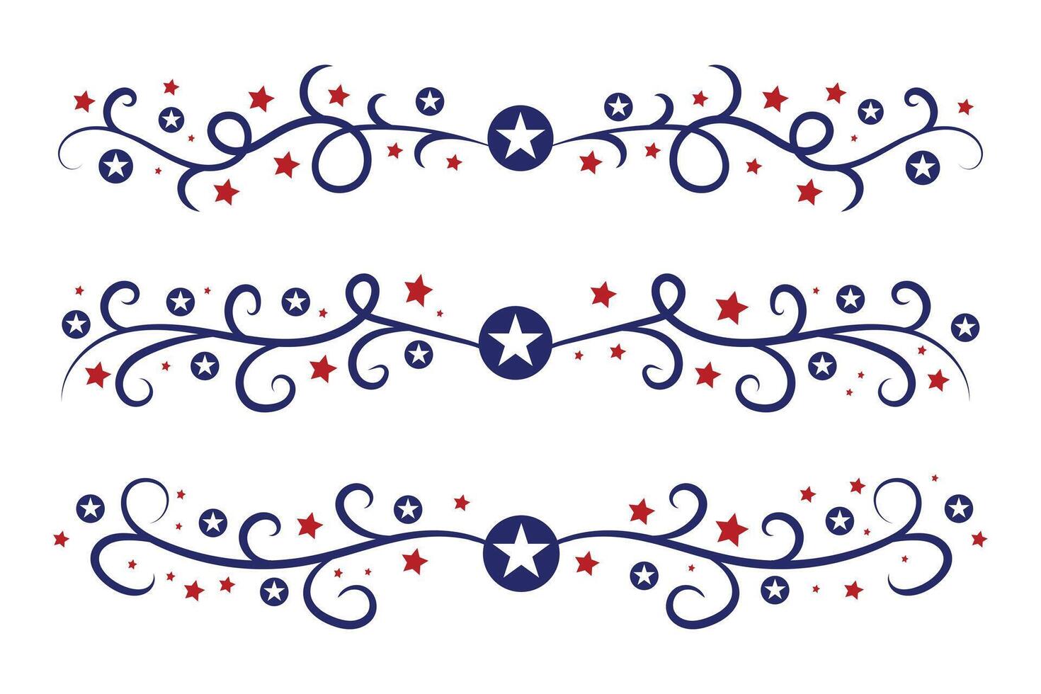 4to de julio letras encabezamiento florido remolinos, patriótico rojo estrellas, y azul elegante lujoso separadores decorativo elementos, americano independencia día caligrafía florece texto divisores vector